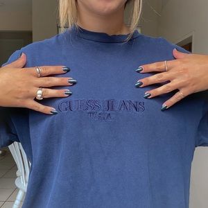 Vintage Guess Embroidered Spellout Tee 90’s USA Made Navy Blue